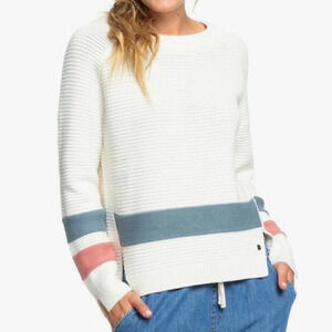 Roxy Ribbed Knit Stripe Long Sleeve Sweater Jumper White Cotton Blend Sz Small